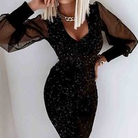 Design V-Neck Sexy Long Sleeve Dress - Thumbnail 1