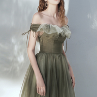 Green tulle long prom dress A line evening dress - Thumbnail 1
