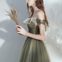 Green tulle long prom dress A line evening dress - Thumbnail 2