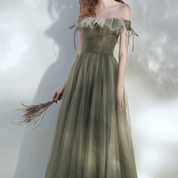 Green tulle long prom dress A line evening dress - Thumbnail 3