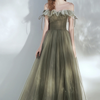 Green tulle long prom dress A line evening dress - Thumbnail 4