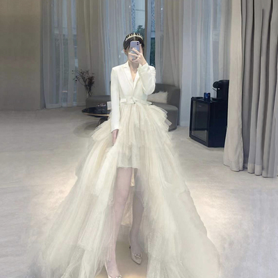 White v neck tulle long prom dress high low evening dress - Thumbnail 4