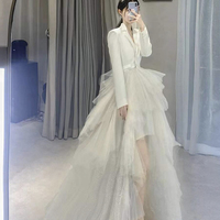 White v neck tulle long prom dress high low evening dress - Thumbnail 1