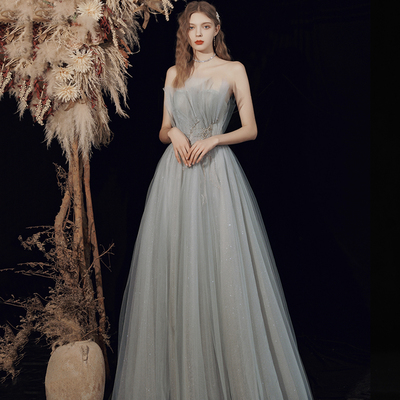 Gray tulle sequins long prom dress a line evening dress - Thumbnail 2