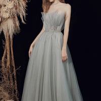 Gray tulle sequins long prom dress A line evening dress - Thumbnail 2
