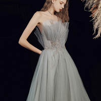 Gray tulle sequins long prom dress A line evening dress - Thumbnail 3