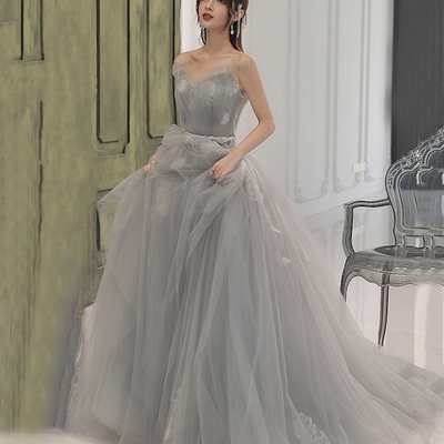 Gray tulle lace long prom dress a line evening dress - Thumbnail 1