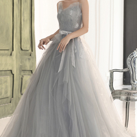 Gray tulle lace long prom dress A line evening dress - Thumbnail 1