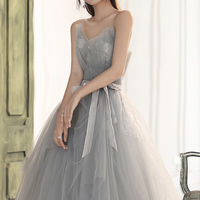 Gray tulle lace long prom dress A line evening dress - Thumbnail 2