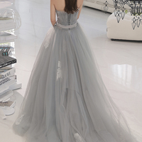 Gray tulle lace long prom dress A line evening dress - Thumbnail 3