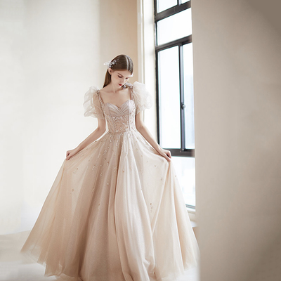 Champagne tulle beads long prom dress a line evening dress - Thumbnail 2