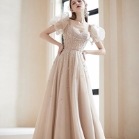 Champagne tulle beads long prom dress A line evening dress - Thumbnail 1