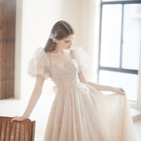 Champagne tulle beads long prom dress A line evening dress - Thumbnail 3