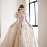Champagne tulle beads long prom dress A line evening dress - Thumbnail 7