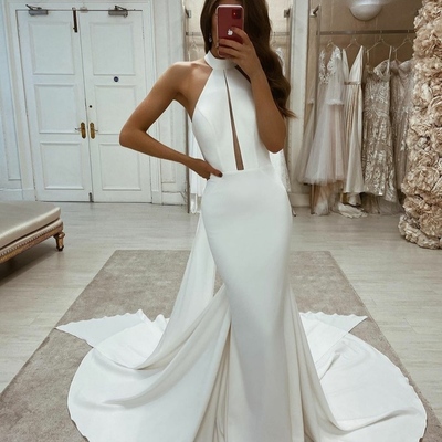 Long halter neck mermaid zipper back satin ivory wedding dress,1404 - Thumbnail 1