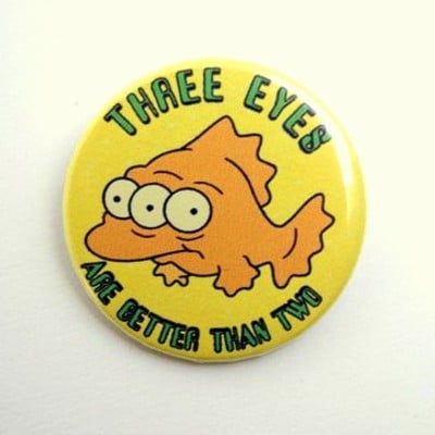 Three eyed fish - pinback button, magnet or clip 1.5 inch (38mm)