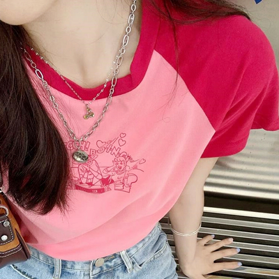 Anime girls rose red color block patchwork tee