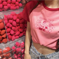 Anime Girls Rose Red Color Block Patchwork Tee - Thumbnail 1