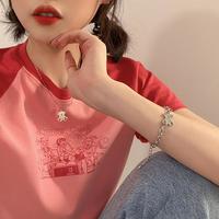 Anime Girls Rose Red Color Block Patchwork Tee - Thumbnail 2