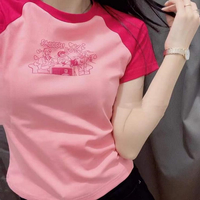 Anime Girls Rose Red Color Block Patchwork Tee - Thumbnail 3