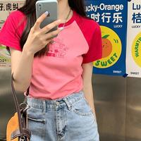 Anime Girls Rose Red Color Block Patchwork Tee - Thumbnail 4