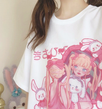 Cartoon Anime Bunny Girl Print Tee
