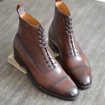 Hot sale men's brown cap toe ankle high leather adult boot - Thumbnail 1