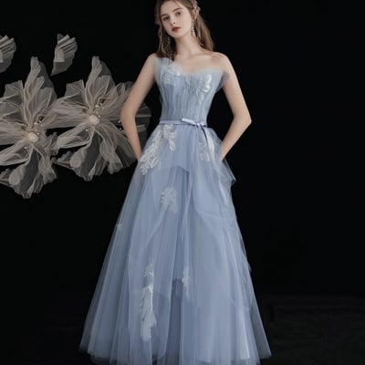 Blue tulle lace long prom dress blue evening dress - Thumbnail 2