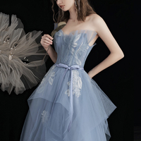 Blue tulle lace long prom dress blue evening dress - Thumbnail 1