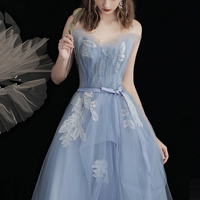 Blue tulle lace long prom dress blue evening dress - Thumbnail 2