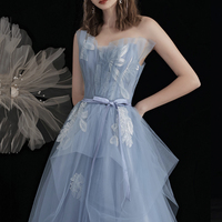 Blue tulle lace long prom dress blue evening dress - Thumbnail 3