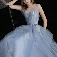 Blue tulle lace long prom dress blue evening dress - Thumbnail 4
