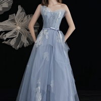 Blue tulle lace long prom dress blue evening dress - Thumbnail 5