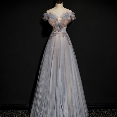 Gray tulle sequins long prom dress a line evening dress - Thumbnail 2