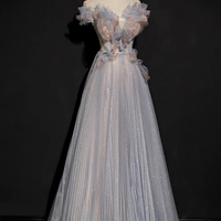 Gray tulle sequins long prom dress A line evening dress - Thumbnail 2