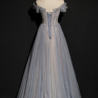 Gray tulle sequins long prom dress A line evening dress - Thumbnail 3