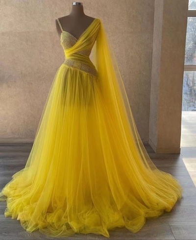 Yellow Prom Dresses Tulle with Watteau
