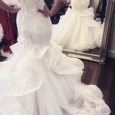 Spaghetti straps wedding dresses bridal gown with lace appliques - Thumbnail 3