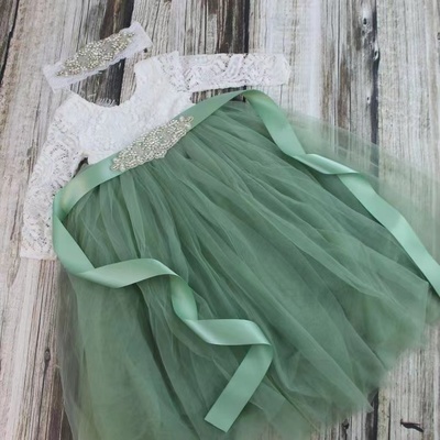 Floor length flower girl dresses with sash rhinestones - Thumbnail 1
