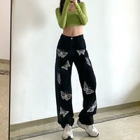 Butterfly Print Black Jeans Denim Trousers  - Thumbnail 2