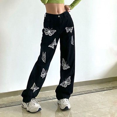 Butterfly print black jeans denim trousers 