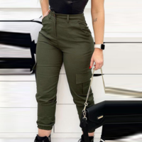 Casual Women's Army Green Slim Pants - Thumbnail 2