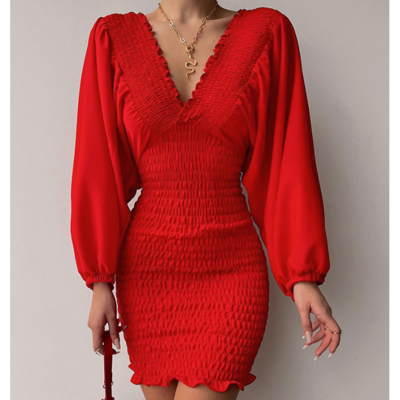 Red long sleeve slim dress
