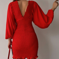 Red Long Sleeve Slim Dress - Thumbnail 1
