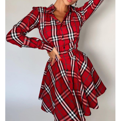 Long sleeve fashion red check dress