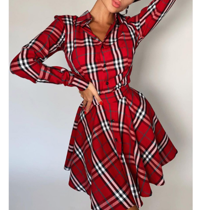 Long Sleeve Fashion Red Check Dress