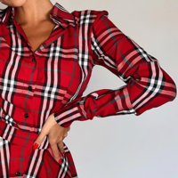 Long Sleeve Fashion Red Check Dress - Thumbnail 2