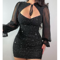 Deep V Neck Long Sleeve Slim Dress - Thumbnail 1