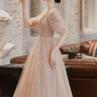 Pink tulle sequins long prom dress homecoming dress - Thumbnail 1