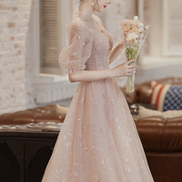 Pink tulle sequins long prom dress homecoming dress - Thumbnail 3